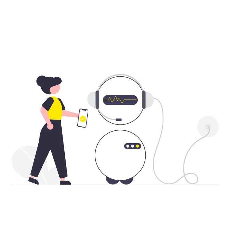 Illustration einer Frau in einem gelben Shirt, die ein Smartphone in der Hand hält und mit einem Phonebot kommuniziert.