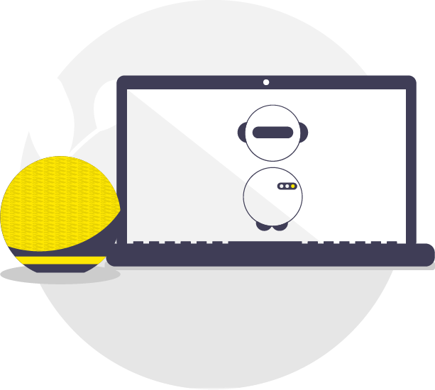 Illiustration eines gelben Google Echo Dots neben einem Laptop, auf dem ein digitaler Sprachassistent in Form eines Roboters abgebildet ist.